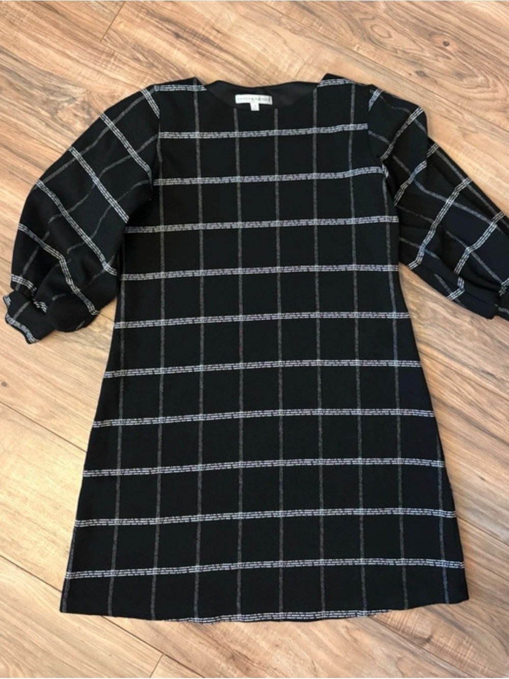Sandra Darren Black Windowpane Shift with Puff Sleeves